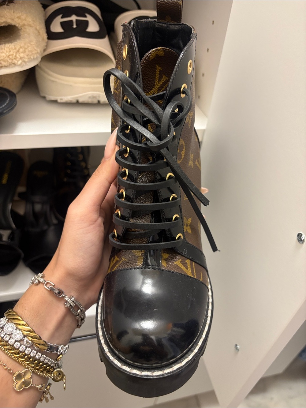 Louis Vuitton Brown Monogram Lace-Up Brown Black Heel Boots - Picture 2 of 7